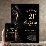 Invitación Surprise Black Gold 21st Birthday Fiesta<br><div class="desc">Esta moderna invitación de 21 años, con sorpresas en negro y oro, es el tono perfecto para un fiesta sorpresivo. Personalice fácilmente su invitación con el nombre del invitado, los detalles del fiesta y la información del lugar en sólo unos pocos clics. Podrás crear una noche llena de amor, risas...</div>