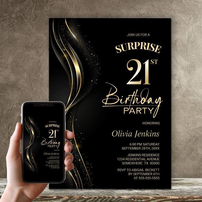Invitación Surprise Black Gold 21st Birthday Fiesta (Subido por el creador)