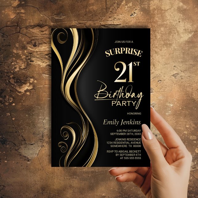 Invitación Surprise Black Gold 21st Birthday Fiesta (Subido por el creador)
