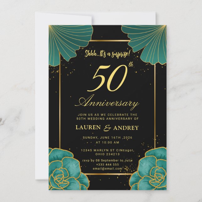 Invitación Surprise Black & Gold 50th Wedding Anniversary (Anverso)