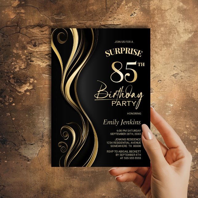 Invitación Surprise Black Gold 85th Birthday Party (Subido por el creador)
