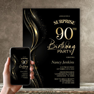 Invitación Surprise Black Gold 90th Birthday Party