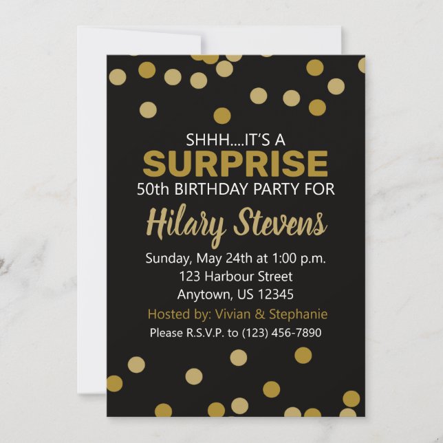Invitación Surprise Black & Gold Confetti Adultos Cumpleaños (Anverso)