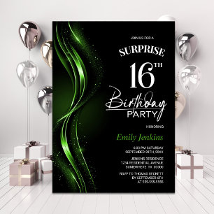 Invitación Surprise Black Green 16th Birthday Party