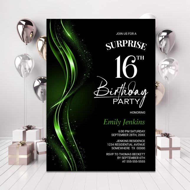 Invitación Surprise Black Green 16th Birthday Party (Subido por el creador)