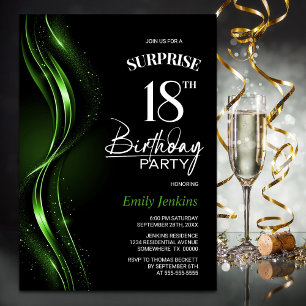 Invitación Surprise Black Green 18th Birthday Party