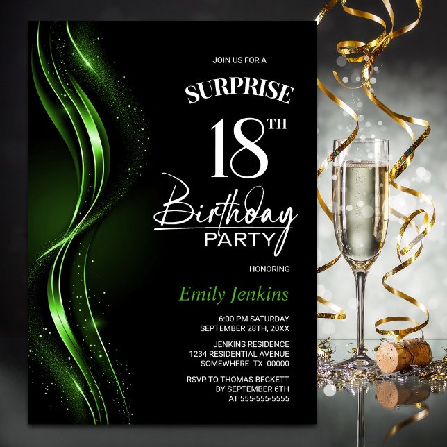 Invitación Surprise Black Green 18th Birthday Party (Subido por el creador)