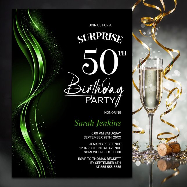 Invitación Surprise Black Green 50th Birthday Party (Subido por el creador)