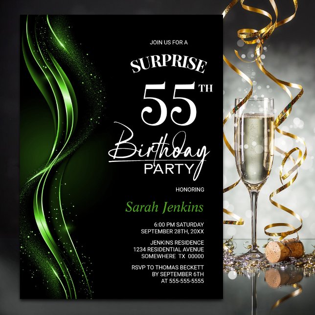 Invitación Surprise Black Green 55th Birthday Party (Subido por el creador)