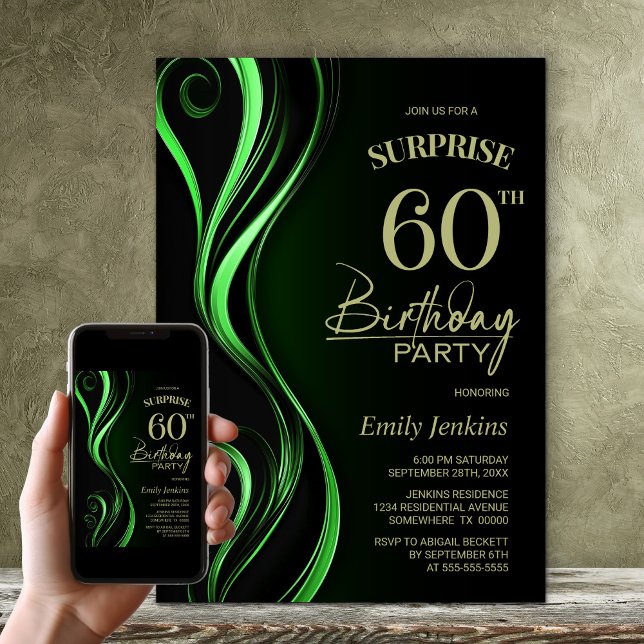 Invitación Surprise Black Green 60th Birthday Party (Subido por el creador)