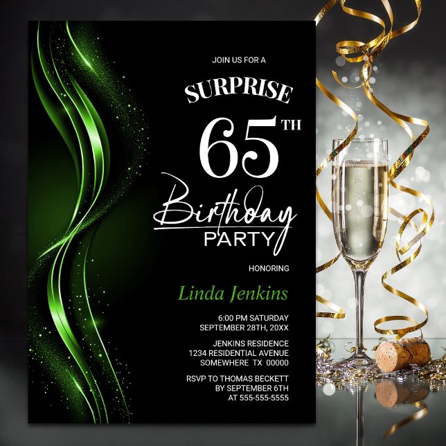 Invitación Surprise Black Green 65th Birthday Party (Subido por el creador)
