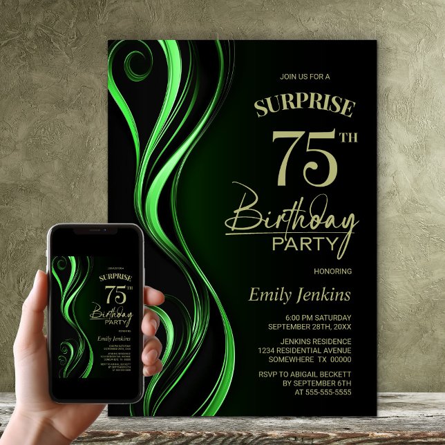 Invitación Surprise Black Green 75th Birthday Party (Subido por el creador)