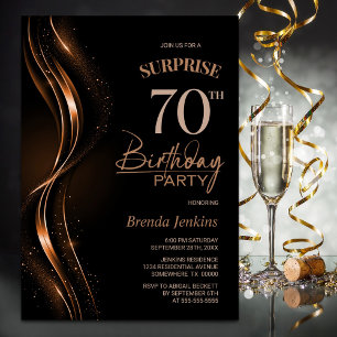 Invitación Surprise Black Naranja 70th Birthday Party