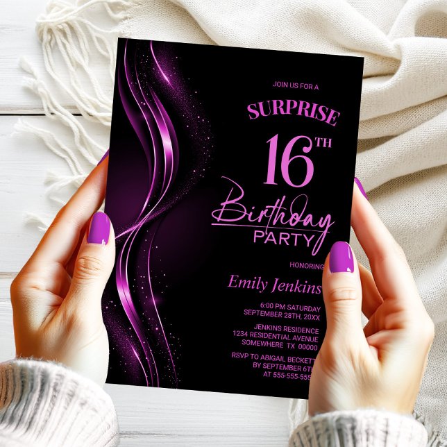 Invitación Surprise Black Pink 16th Birthday Party (Subido por el creador)