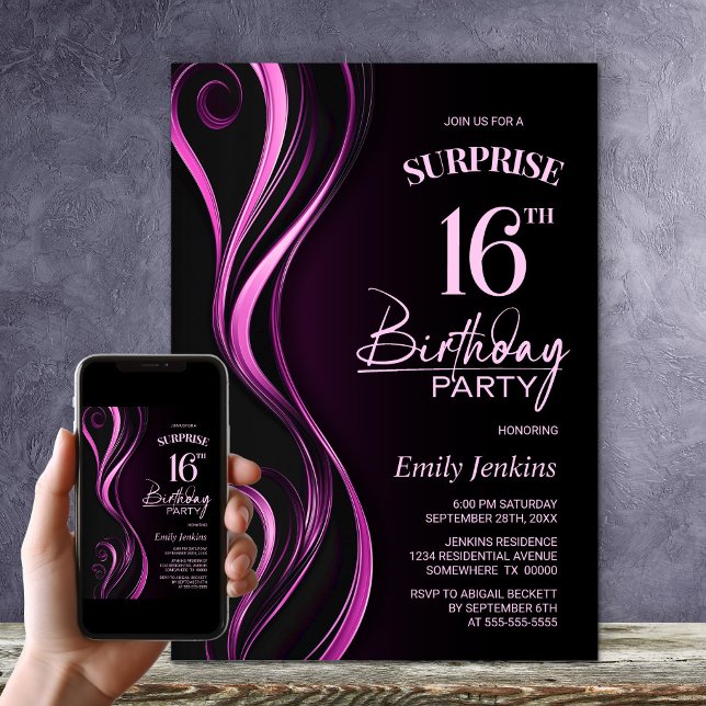 Invitación Surprise Black Pink 16th Birthday Party (Subido por el creador)