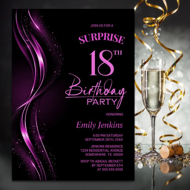 Invitación Surprise Black Pink 18th Birthday Party (Subido por el creador)