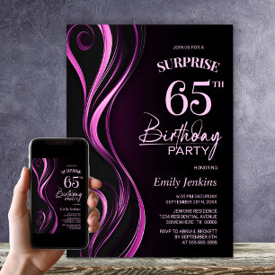 Invitación Surprise Black Pink 65th Birthday Party