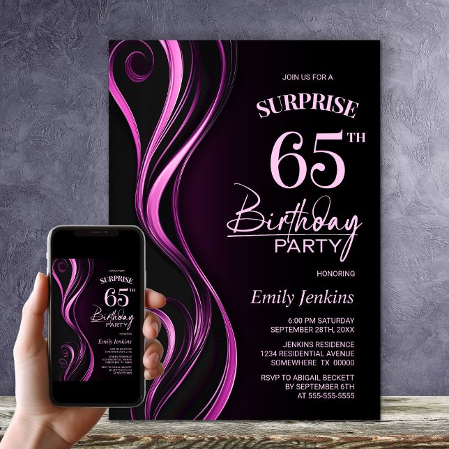 Invitación Surprise Black Pink 65th Birthday Party (Subido por el creador)