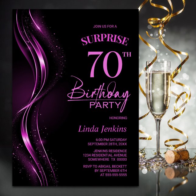 Invitación Surprise Black Pink 70th Birthday Party (Subido por el creador)