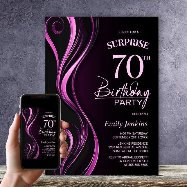 Invitación Surprise Black Pink 70th Birthday Party (Subido por el creador)