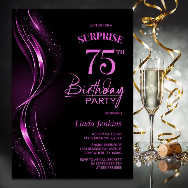 Invitación Surprise Black Pink 75th Birthday Party (Subido por el creador)