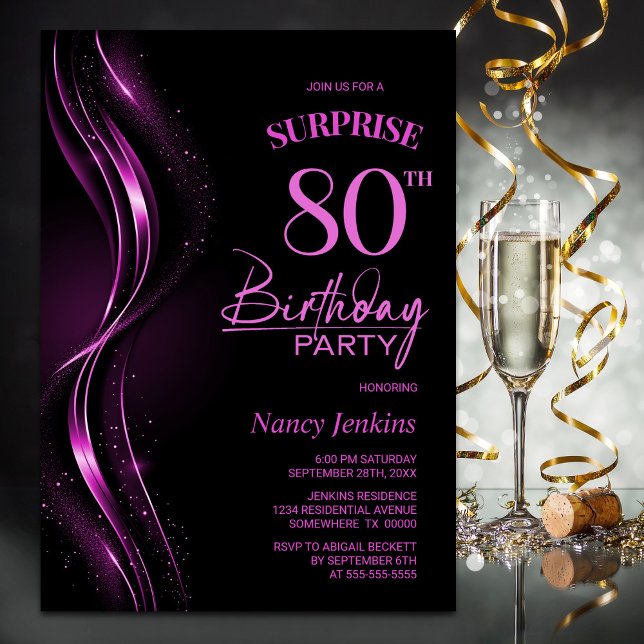 Invitación Surprise Black Pink 80th Birthday Party (Subido por el creador)