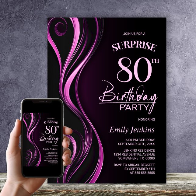 Invitación Surprise Black Pink 80th Birthday Party (Subido por el creador)