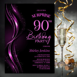 Invitación Surprise Black Pink 90th Birthday Party