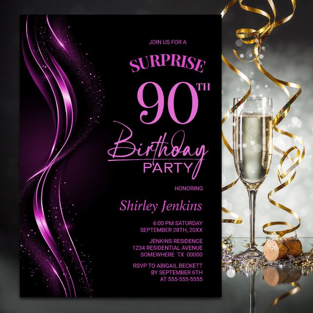 Invitación Surprise Black Pink 90th Birthday Party (Subido por el creador)