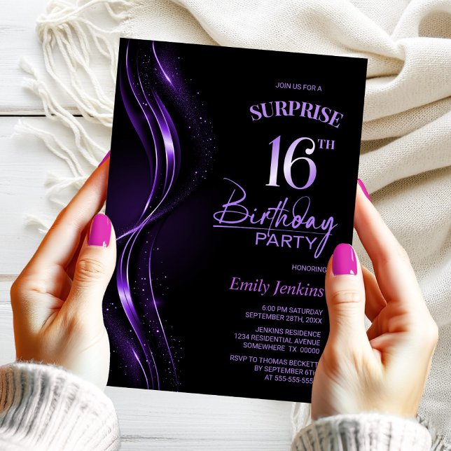 Invitación Surprise Black Purple 16th Birthday Party (Subido por el creador)