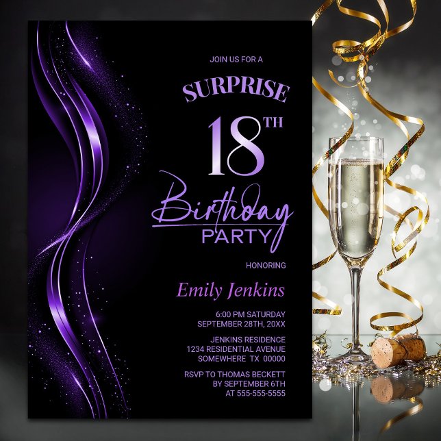 Invitación Surprise Black Purple 18th Birthday Party (Subido por el creador)