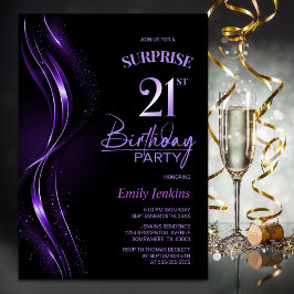 Invitación Surprise Black Purple 21st Birthday Fiesta