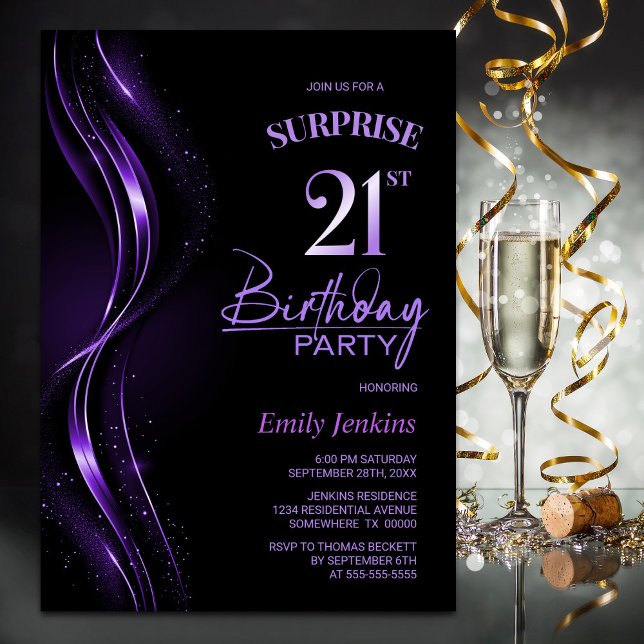 Invitación Surprise Black Purple 21st Birthday Fiesta (Subido por el creador)