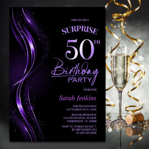 Invitación Surprise Black Purple 50th Birthday Party