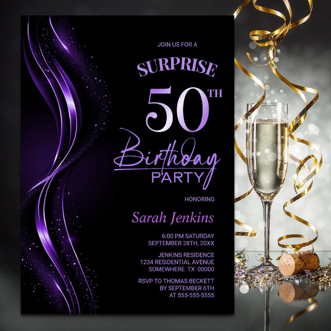 Invitación Surprise Black Purple 50th Birthday Party (Subido por el creador)