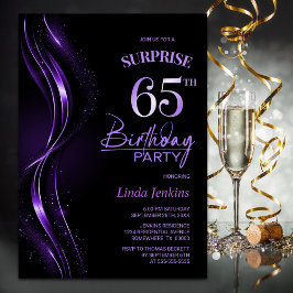 Invitación Surprise Black Purple 65th Birthday Party