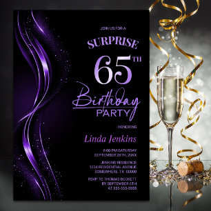 Invitación Surprise Black Purple 65th Birthday Party