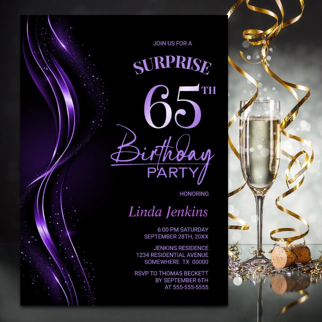 Invitación Surprise Black Purple 65th Birthday Party (Subido por el creador)