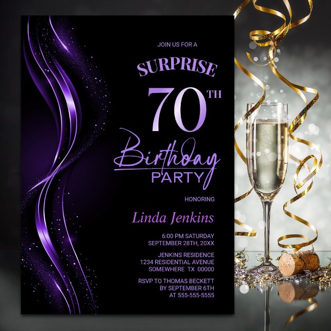 Invitación Surprise Black Purple 70th Birthday Party (Subido por el creador)