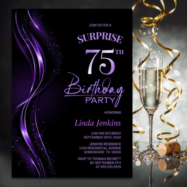 Invitación Surprise Black Purple 75th Birthday Party (Subido por el creador)