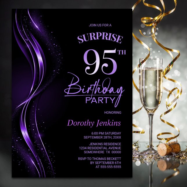 Invitación Surprise Black Purple 95th Birthday Party (Subido por el creador)