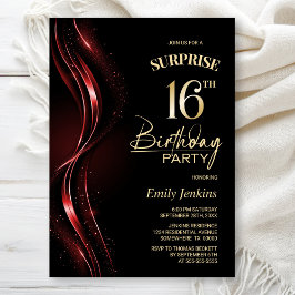 Invitación Surprise Black Red 16th Birthday Party