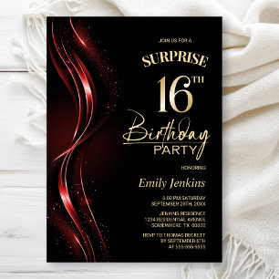 Invitación Surprise Black Red 16th Birthday Party