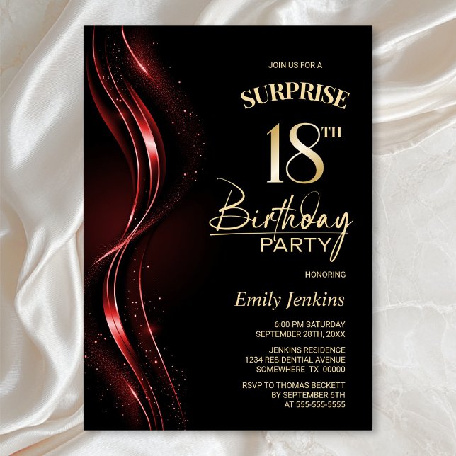 Invitación Surprise Black Red 18th Birthday Party (Subido por el creador)