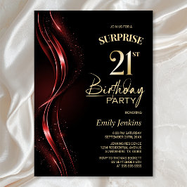 Invitación Surprise Black Red 21st Birthday Fiesta
