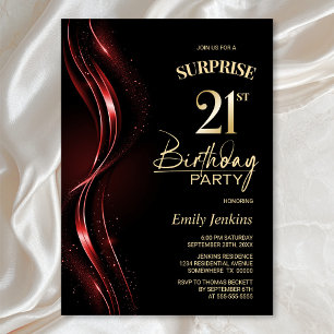 Invitación Surprise Black Red 21st Birthday Fiesta