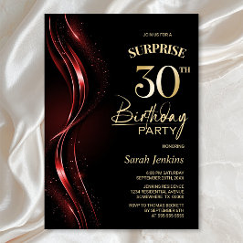 Invitación Surprise Black Red 30th Birthday Fiesta