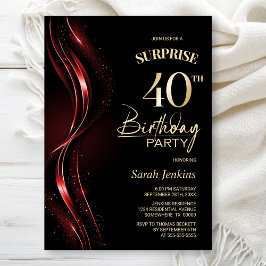 Invitación Surprise Black Red 40th Birthday Fiesta