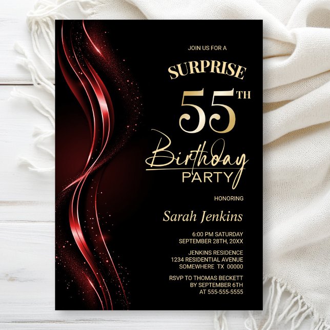 Invitación Surprise Black Red 55th Birthday Party (Subido por el creador)