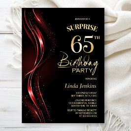 Invitación Surprise Black Red 65th Birthday Party